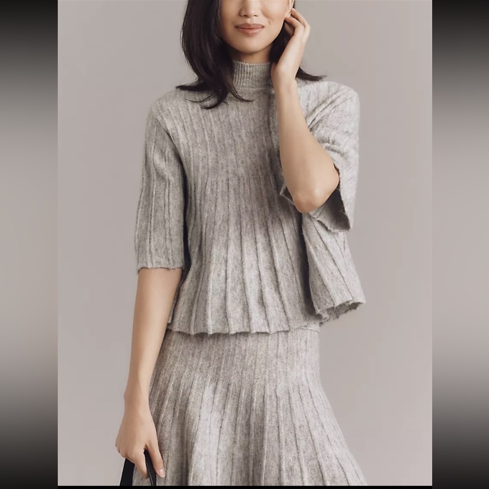Anthropology Maeve Shirt-Sleeve Mock-Neck Swing Sweater Gray  Ribbed